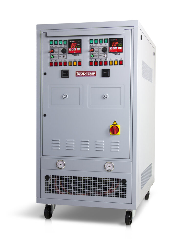 Krachtige olie-unit voor temperaturen tot 360 ºC. Dubbele uitvoering  (2 x 24 kW) geplaatst in een behuizing.